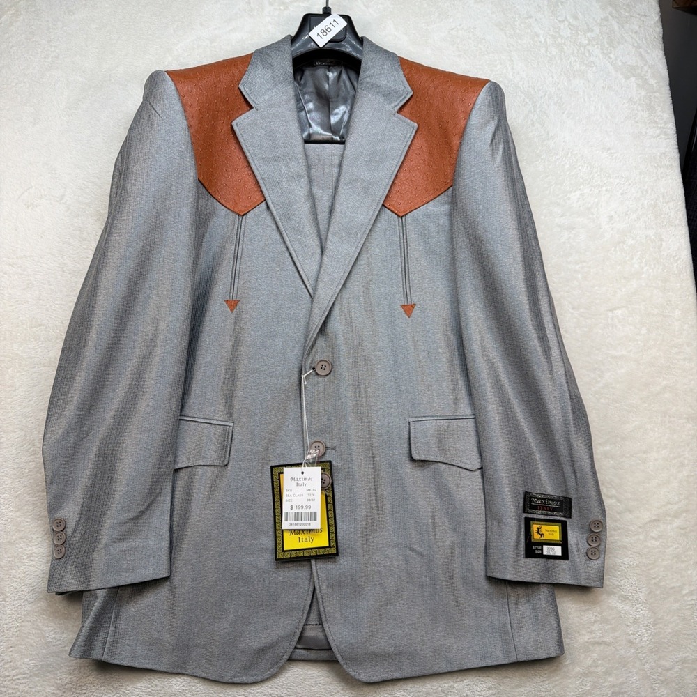 Vintage 70s Western Cowboy Suit Mens 38/32 Gray Contrast Yoke Rockabilly NWT